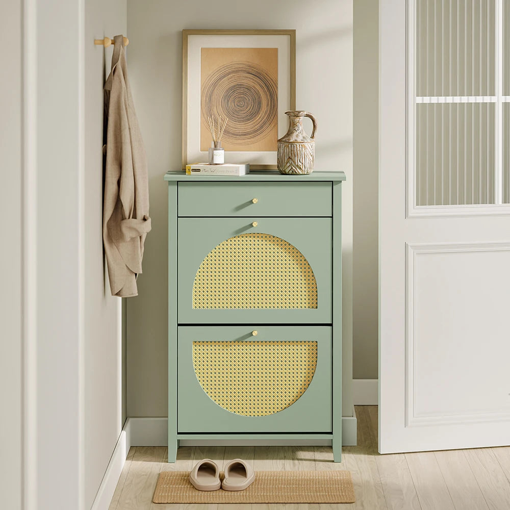 Armoire à chaussures étroite en rotin avec tiroirs Alcovea