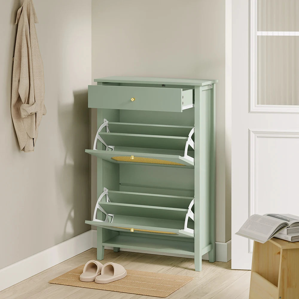 Armoire à chaussures étroite en rotin avec tiroirs Alcovea