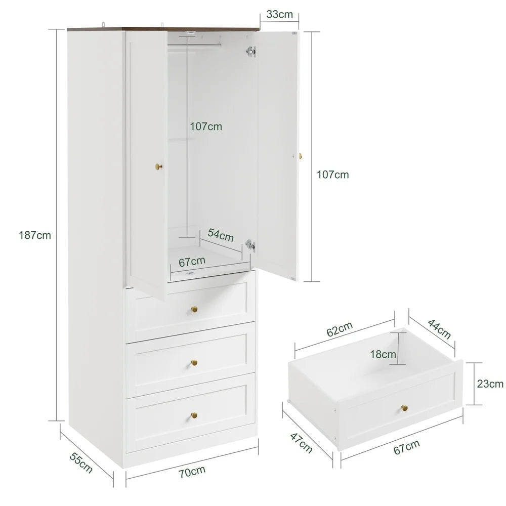 Armoire enfant étroite avec portes et 3 tiroirs Alcovea