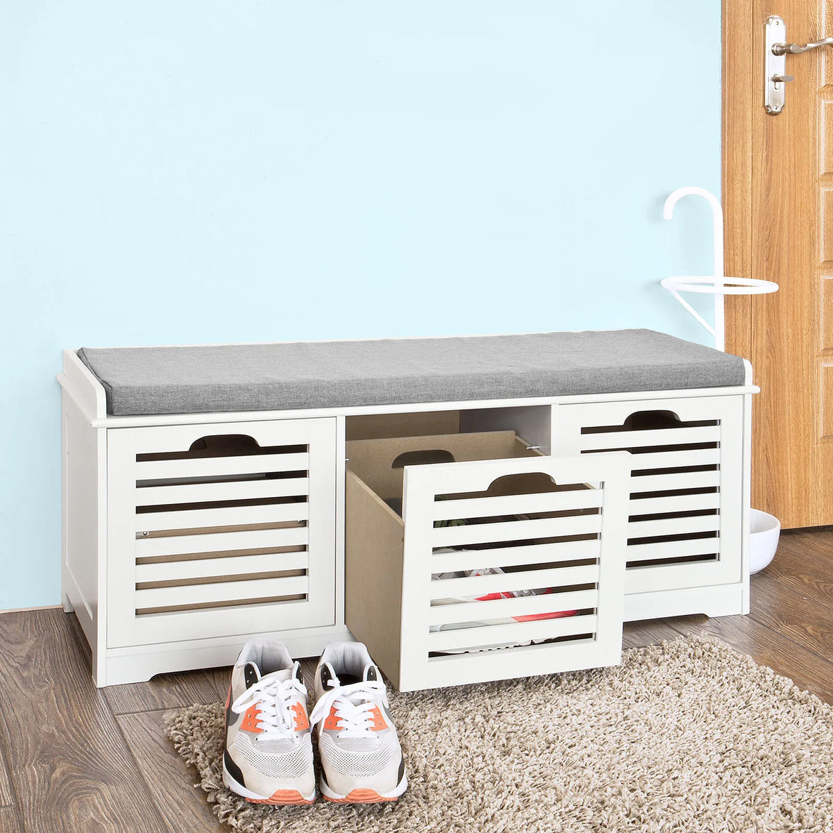 Banc à chaussures avec tiroirs, 3 paniers 105x43x35cm Alcovea