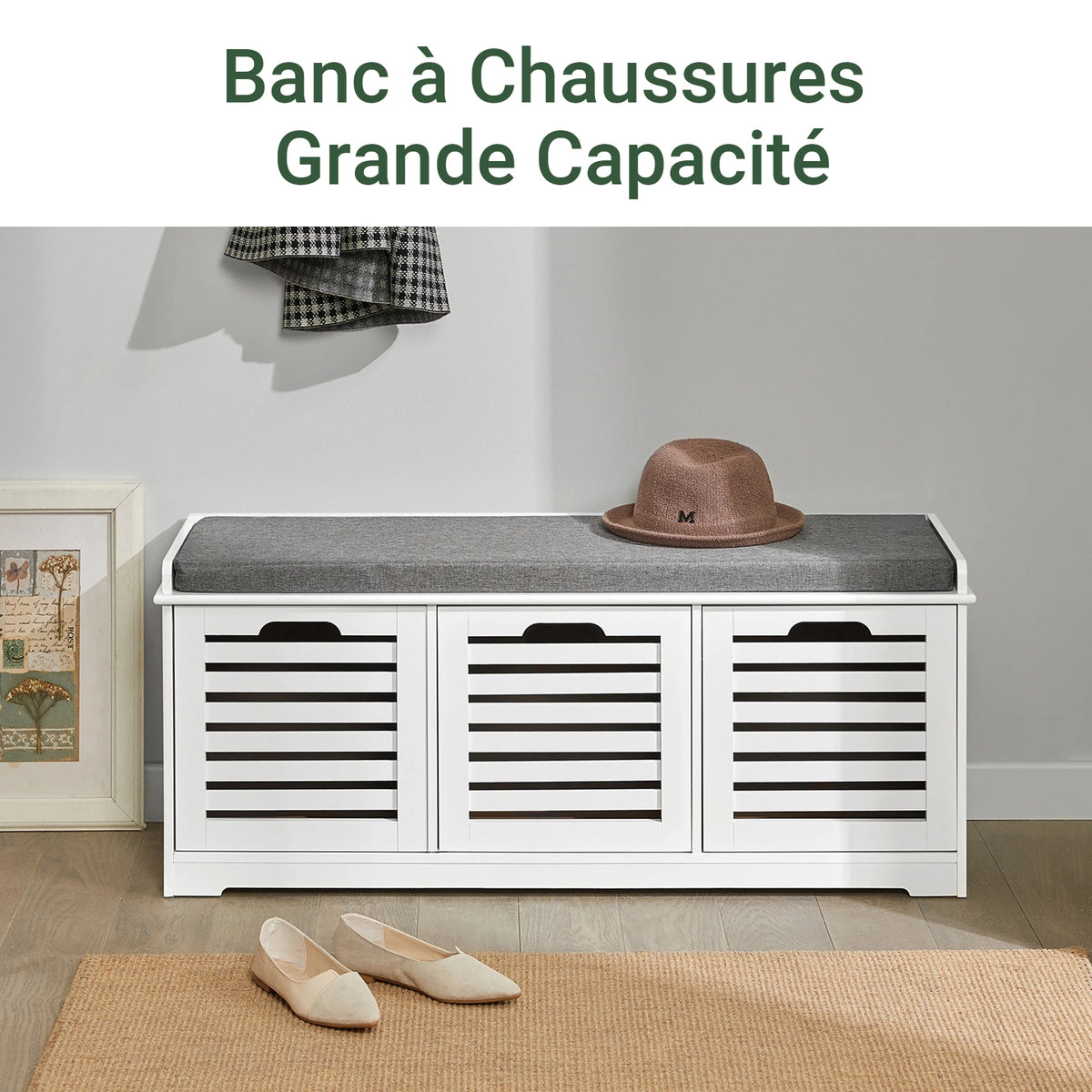 Banc à chaussures avec tiroirs, 3 paniers 105x43x35cm Alcovea