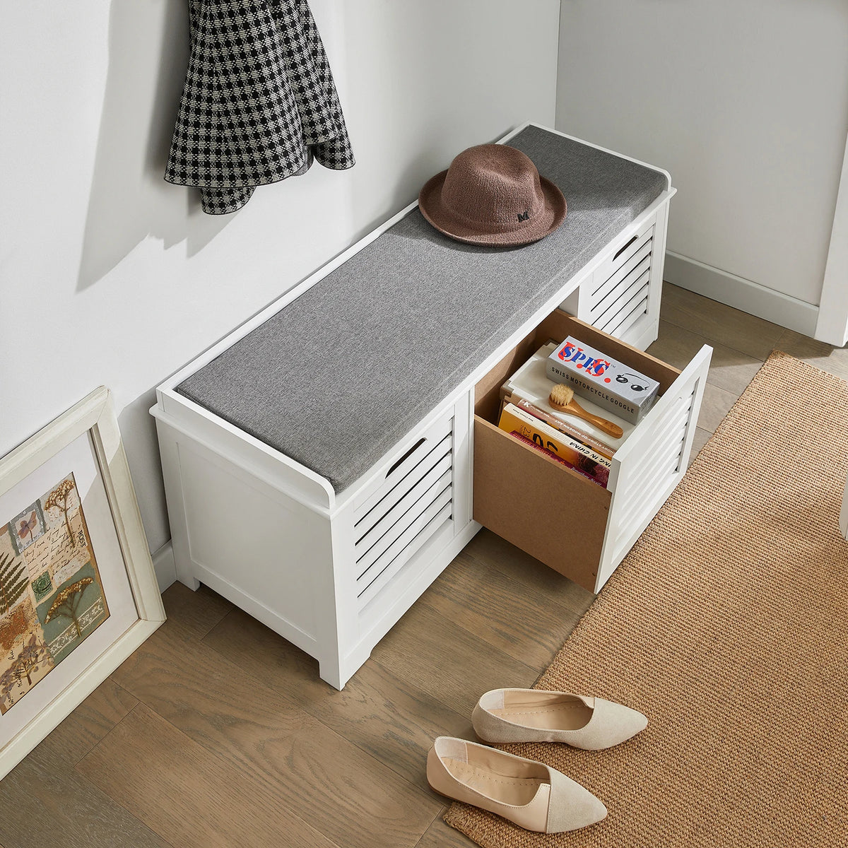 Banc à chaussures avec tiroirs, 3 paniers et assise Alcovea