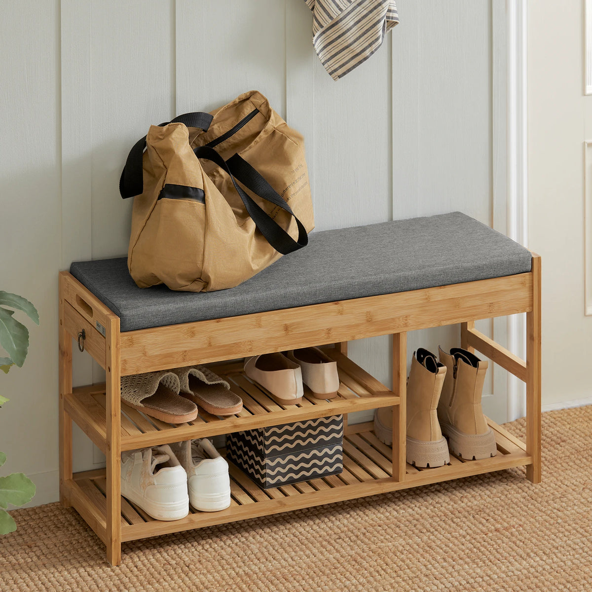 Banc à chaussures en bambou avec tiroirs et assise Alcovea