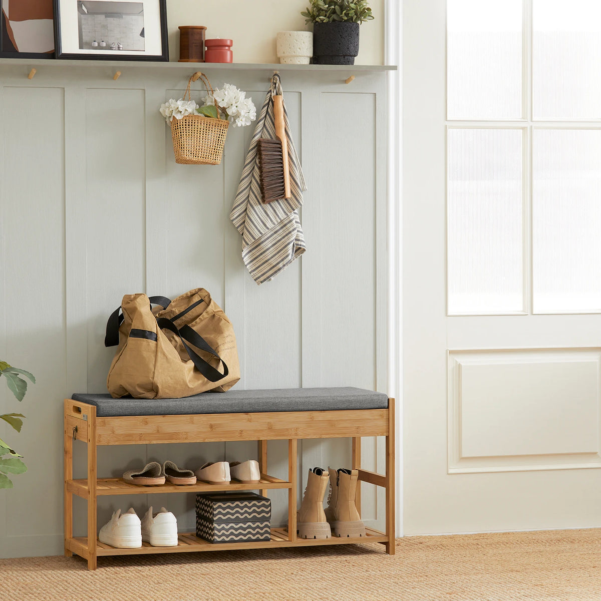 Banc à chaussures en bambou avec tiroirs et assise Alcovea