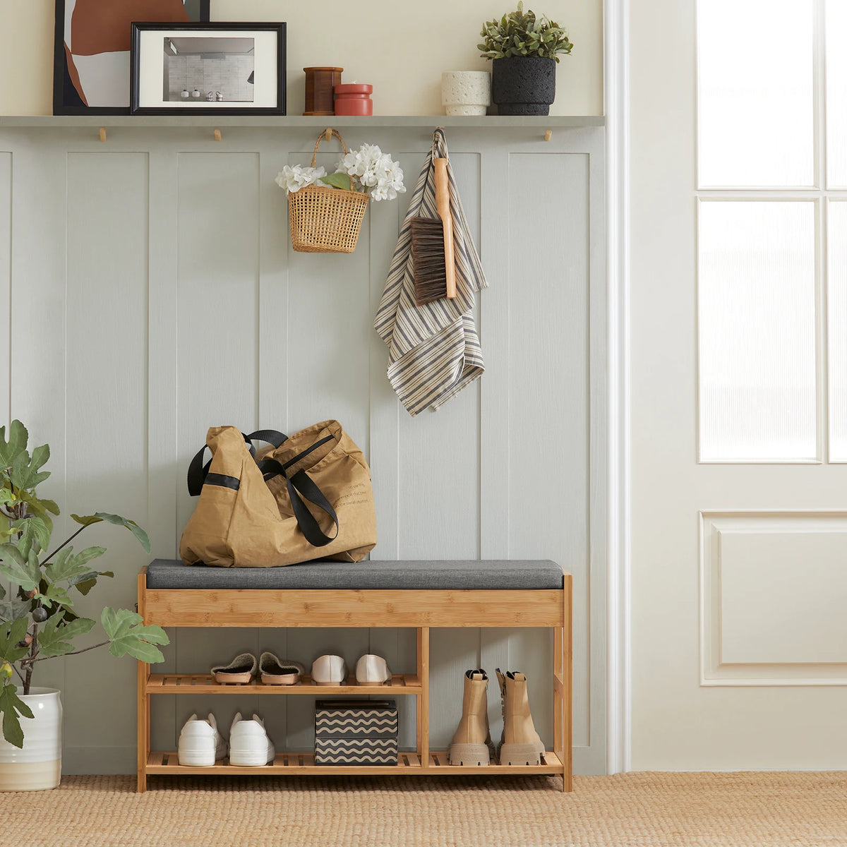 Banc à chaussures en bambou avec tiroirs et assise Alcovea