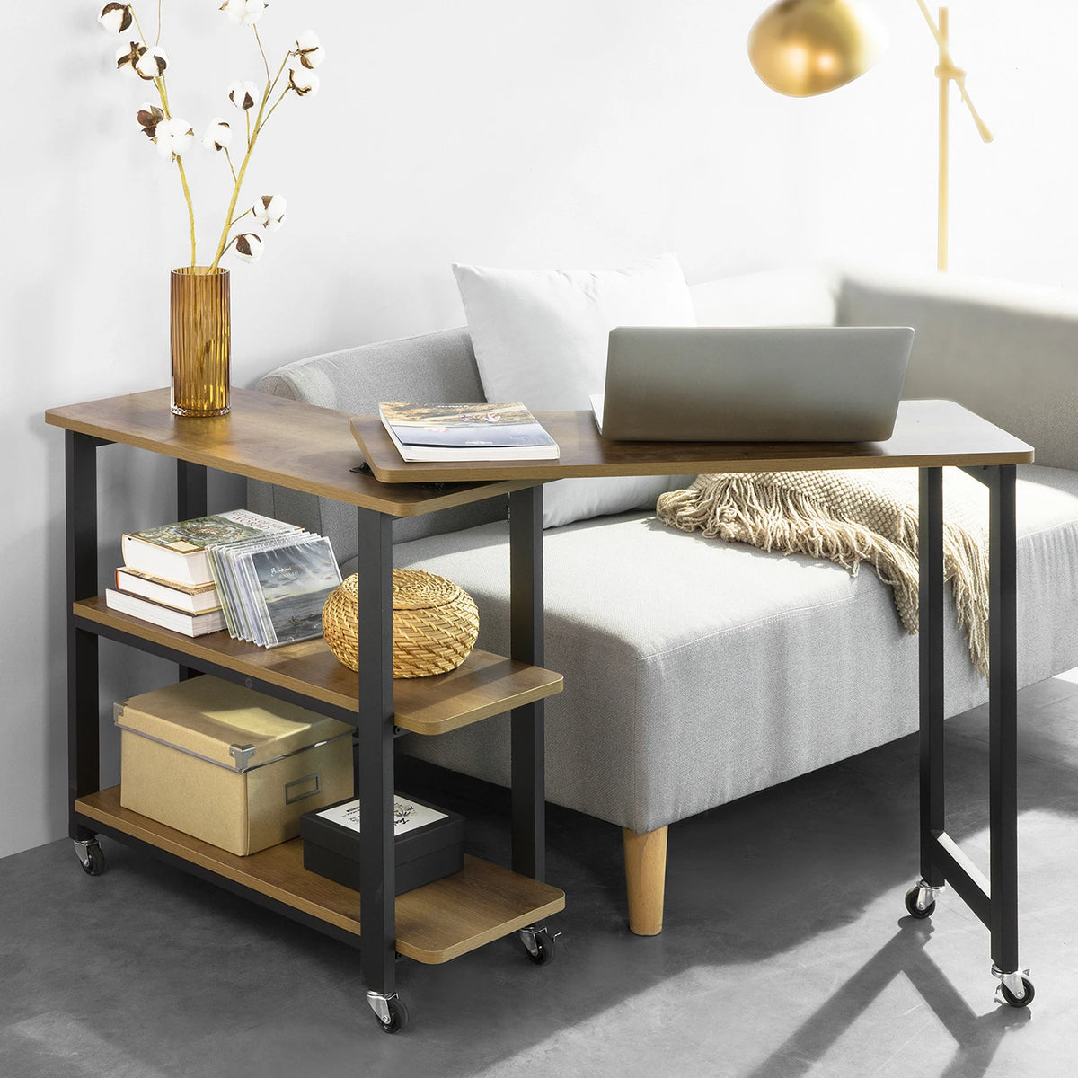 Bureau sur roulettes d'angle avec 2 étagères Alcovea