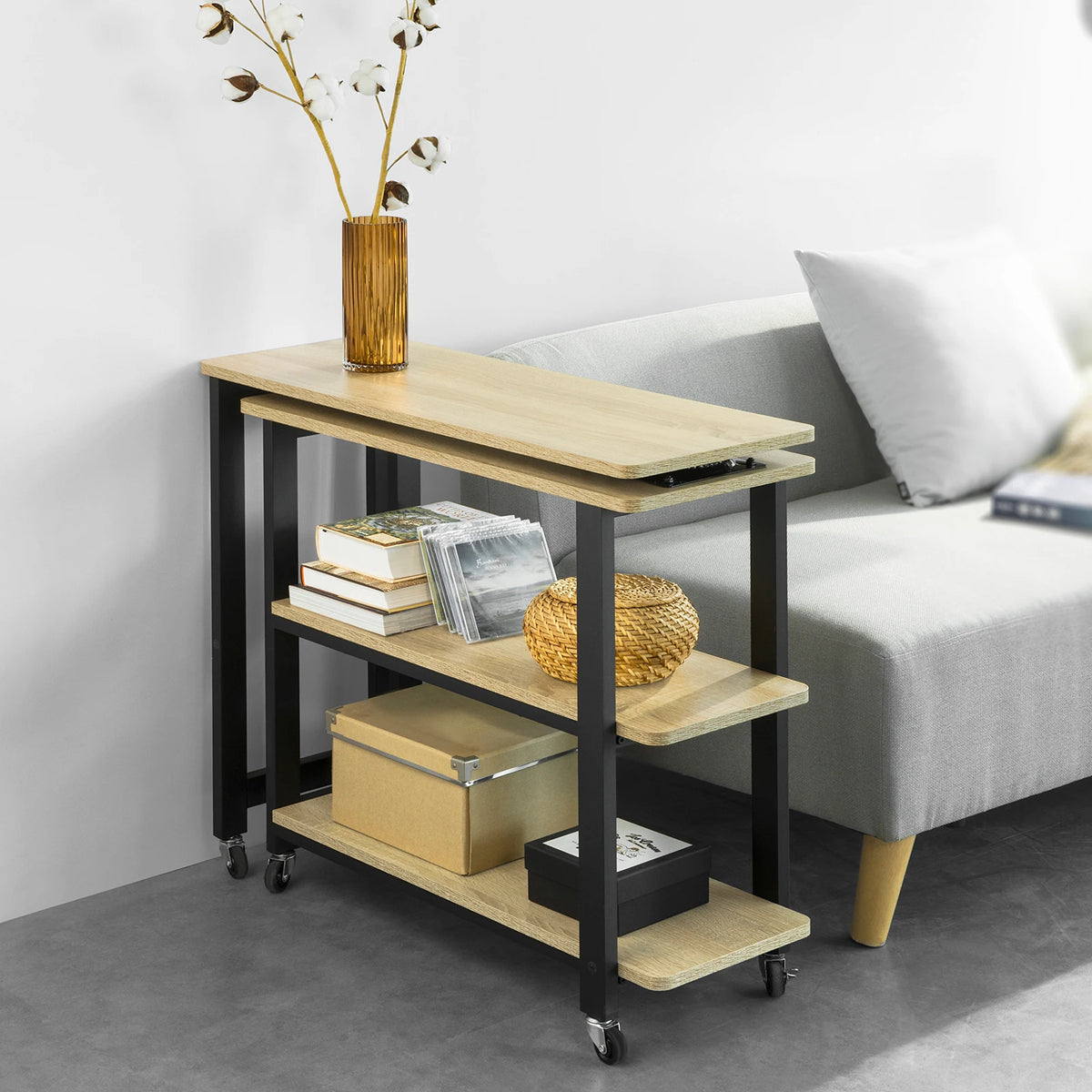 Bureau sur roulettes d'angle avec 2 étagères Alcovea