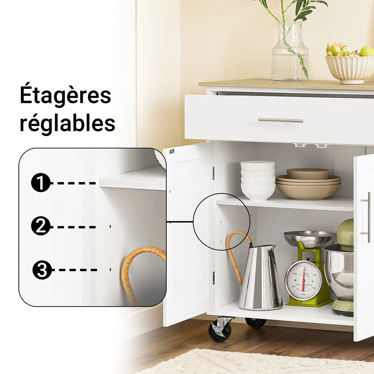 Îlot de cuisine sur roulettes avec rangement Alcovea