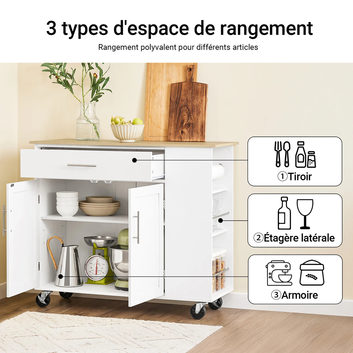 Îlot de cuisine sur roulettes avec rangement Alcovea