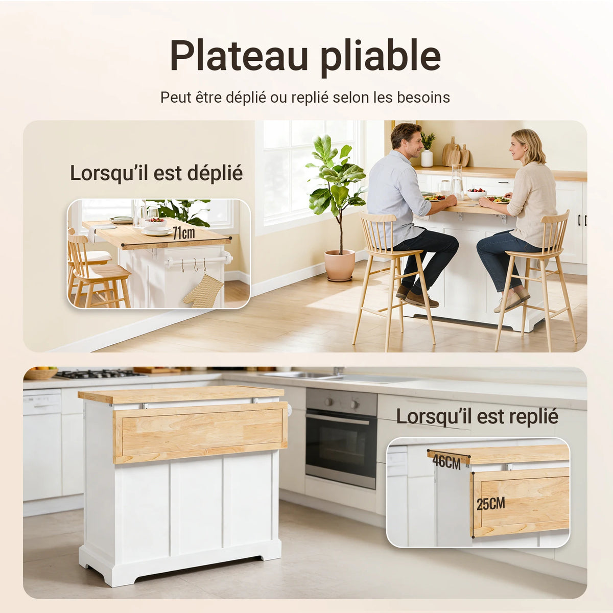 Îlot de cuisine sur roulettes extensible Alcovea
