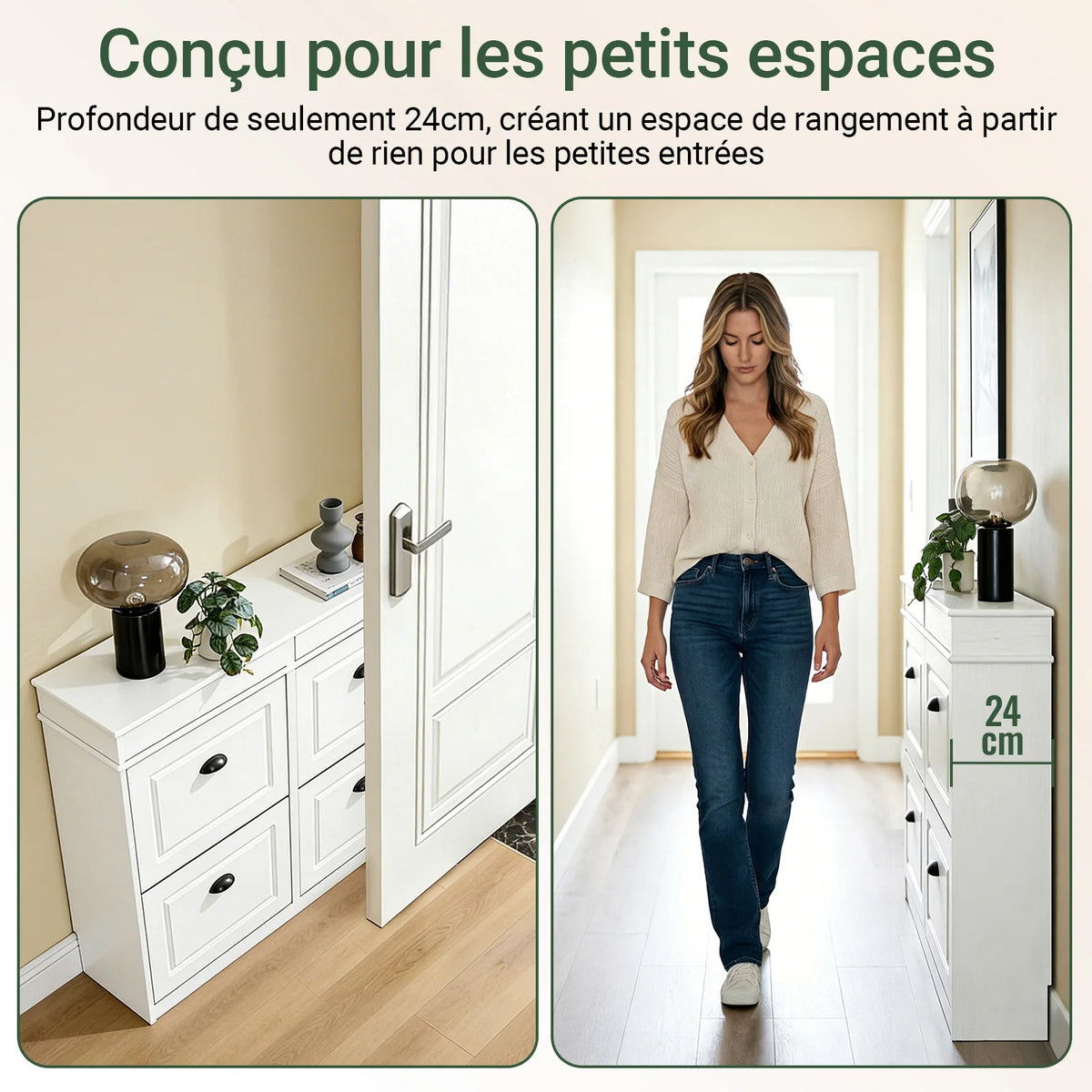 Meuble à chaussures étroit vintage avec tiroirs Alcovea