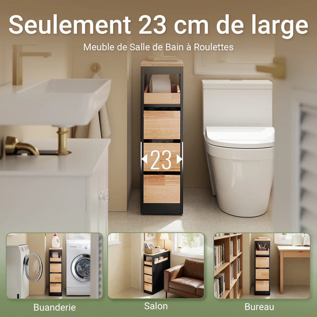 Meuble de salle de bain sur roulettes étroit noir Alcovea