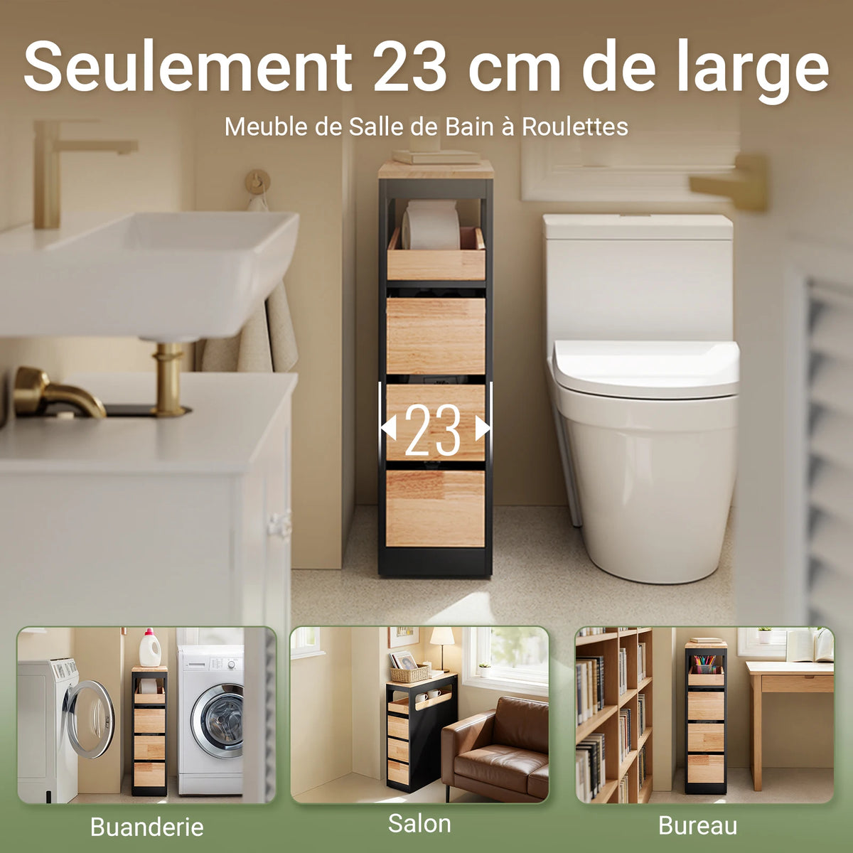 Meuble de salle de bain sur roulettes étroit noir Alcovea