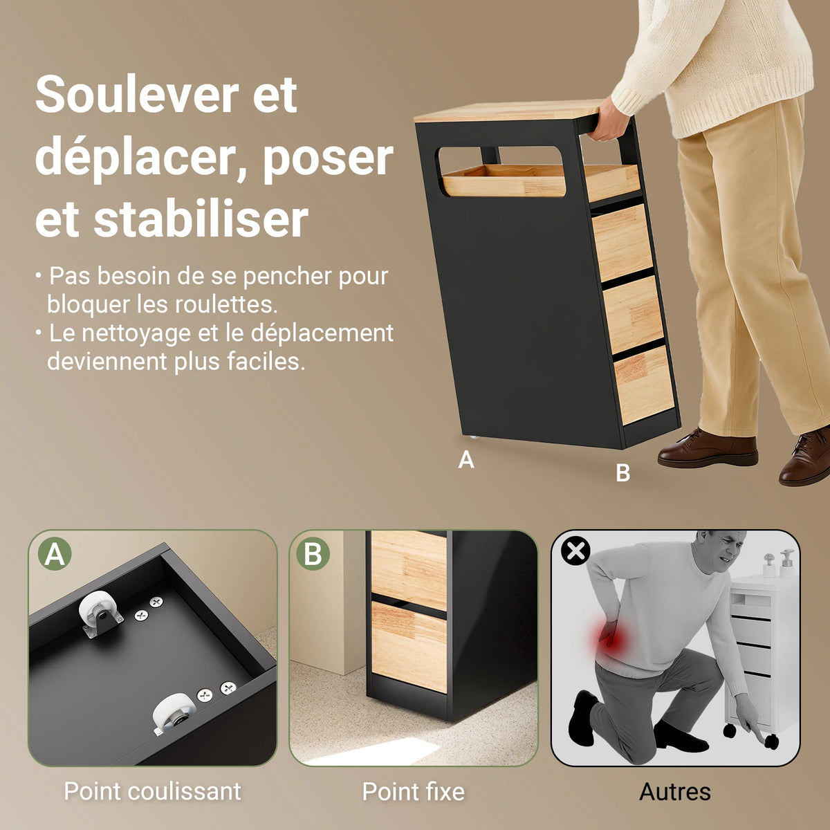 Meuble de salle de bain sur roulettes étroit noir Alcovea