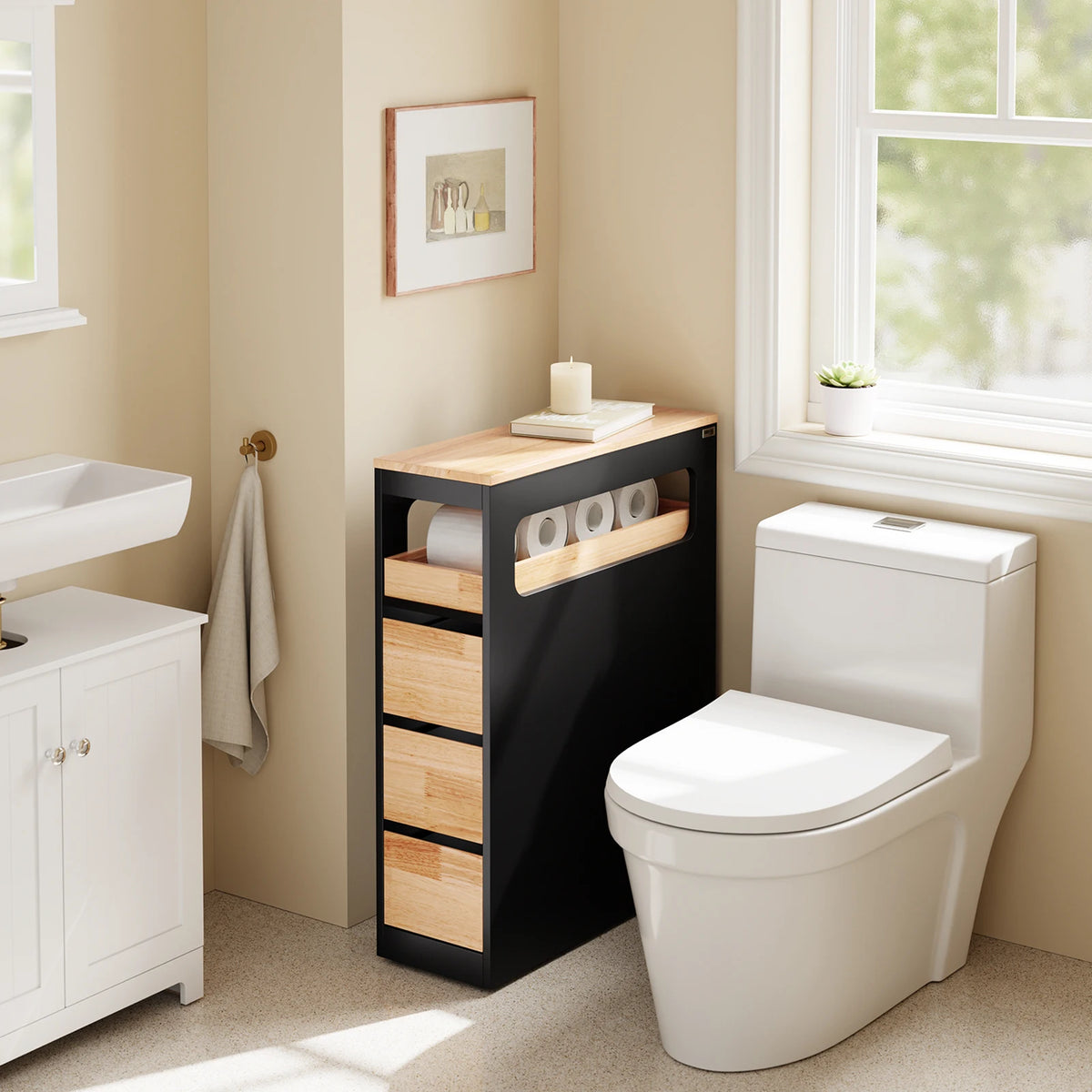 Meuble de salle de bain sur roulettes étroit noir Alcovea