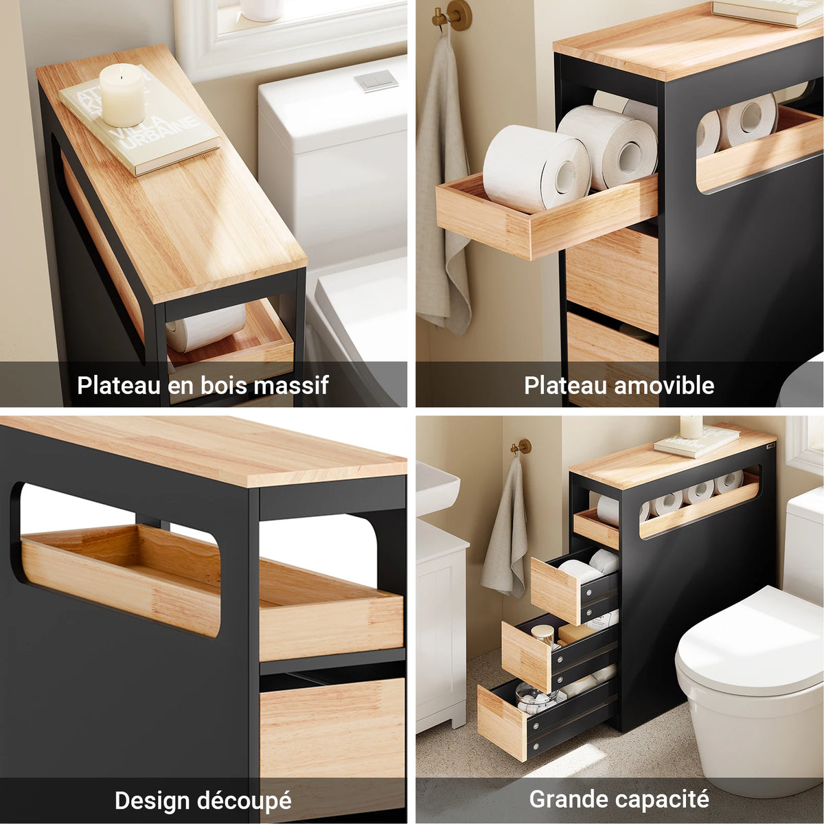 Meuble de salle de bain sur roulettes étroit noir Alcovea