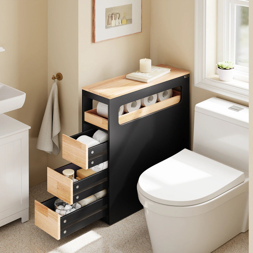 Meuble de salle de bain sur roulettes étroit noir Alcovea