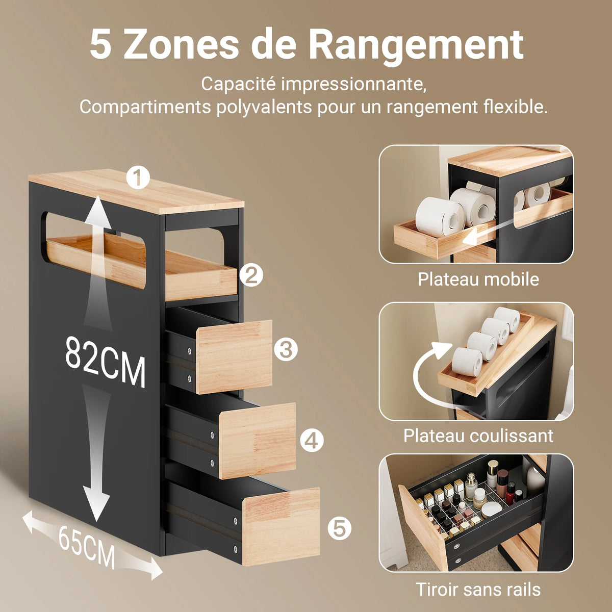 Meuble de salle de bain sur roulettes étroit noir Alcovea
